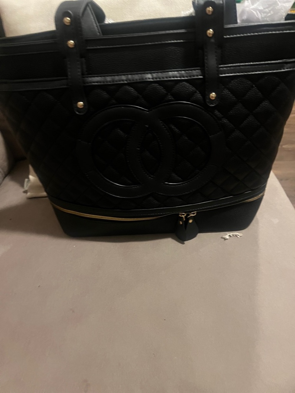 Black Quilted Tote with Gold Hardware and Zip Pocket